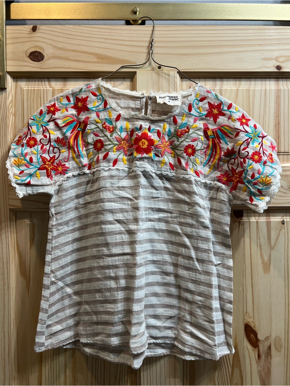 Savanna Jane Embroidered Floral Boho Top with Stripes